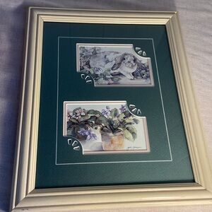 Vintage Framed art watercolor prints Jodi Jensen rabbit African violet plant 90s